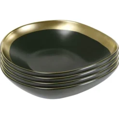 Kare Design Assiettes Creuses Assiette Creuse En Grès Vert Foncé Et Doré D19 - Lot De 4