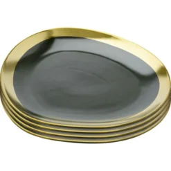 Kare Design Vaisselle De Noël Assiette En Grès Vert Foncé Et Doré D27 - Lot De 4